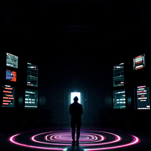 A solitary developer, overwhelmed, lost within a complex, brightly lit digital labyrinth.